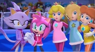 Amy, Blaze, Peach, Rosalina, and Daisy in Mario and Sonic at the Olympic Winter games.