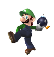 Luigi about to throw a Bob-omb.