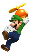 Luigi holding the Egg Ball whilst holding the Propeller Mushroom