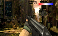 A beta screenshot with the player armed.