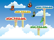 A screenshot of the level 1-1, featuring P1 as Flying Squirrel Mario, P2 as Raccoon Luigi, P3 as Tanooki Wario and P4 as Frog Waluigi.