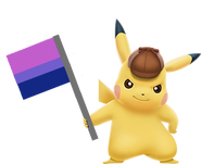 Detective Pikachu holding the Bisexuality Pride flag.