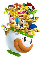 Pretty much all (fanon included except Dolly and Alex) Koopalings in the Koopa Clown Car. Looks crowded.