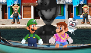 Luigi and Mario in front of the statue that the Obenesians made.