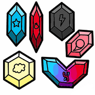 The User Crystals as portrayed by Up Up the Cat (t∣b∣c). Note that they have different shapes. The black one is The Destroyer's (Uptendoverse's Threat), the pink one is The Other's, and the yellow is the unnamed "The _"