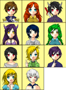 The Main Cast of the game (Aeon. Jinna, Hades in 1st row. Nedirk, Kaile, Narma in 2nd row. Ninja, Syname, Sieli in 3rd row. Starlina, and Orochi in 4th row.)