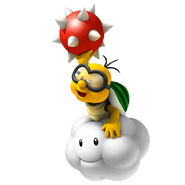 Lakitu floats around the stage and begins to drop Spinies who walk around the stage damaging opponents before disappearing.