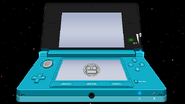 A sky blue Nintendo 3DS as it appears as a stage in Super Smash Bros. Calamity.