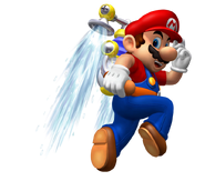 Mario in mid-air using F.L.U.D.D..
