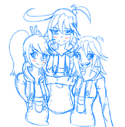 A group sketch of Noora (center), Ani (right), and Clair Voyell (Dr. Drebbles (t∣b∣c)' character), all of them wearing Clair's outfits