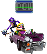 Wario and Waluigi using a POW Block in Mario Kart: Halfpipe Frenzy.