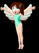 Mimi in her swimsuit and about to fly away