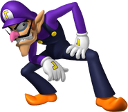 Waluigi in a squatting pose.