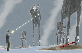 Unidentified Militia fighter takes a stand against an Imperial army while firing his AK-47 at an AT-AT before eventually being killed by an AT-ST...