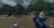 The player fighting a horde of beta mutants.
