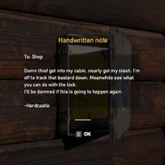 Frank's Cabin - Handwritten note