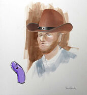 Ammon Bundy courtroom sketch with cowboy hat and dildo shopped in - posted by jaytkay