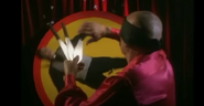 Larry before being skewed by a blindfolded knife-thrower.