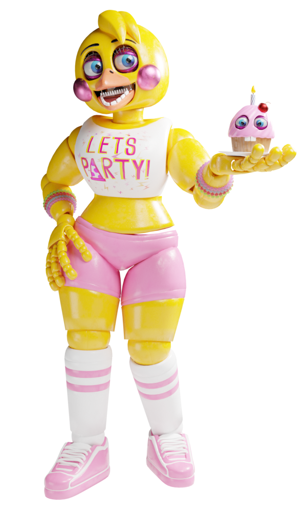 Swap!chica: a yellow chicken fnaf animatronic with a fancy dressed-up 80s  vibe with magenta eyes, a black bowler hat, an orange beak, a simple  attractive pink dress, and a microphone in her