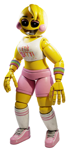Swap!chica: a yellow chicken fnaf animatronic with a fancy dressed-up 80s  vibe with magenta eyes, a black bowler hat, an orange beak, a simple  attractive pink dress, and a microphone in her