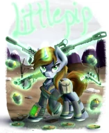 Littlepip wielding several weapons. Art by NiegelvonWolf.