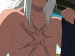 Jiraiya showing his scar while explaining about Naruto's four-tailed form