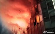 Arte conceptual de Alma siendo lanzado desde un edificio explotando.