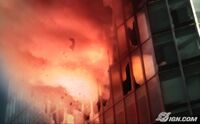 Concept art of Alma being thrown from an exploding building.