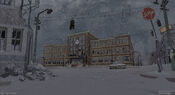 Concept art of the outside of the school, with a heavy fall of ash from the sky.