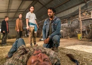 Travis, standing in front of the body of Elias