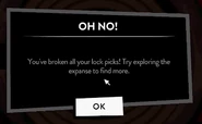 The popup for when a user breaks all their Lockpicks in the Minigame.
