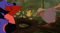 Lou passes by three tree frogs while hunting Zak.