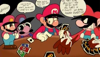 LAPUTAMADREDEJADEGANAR.jpeg (428 kB) Devil jugando UNO con Super Bad Mario, Turmoil y Mario de la Creepypasta "I Hate You", por @kris_Draws2002
