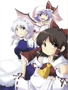 Reimu en Silent Sinner in Blue, junto a Sakuya y Remilia
