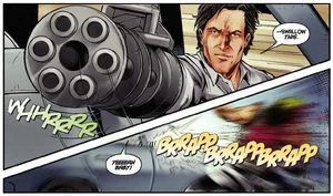 Ash volándole la cabeza a un Deadite con la Pistola Gatling