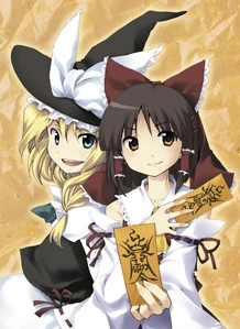 Reimu en Silent Sinner in Blue, junto a Marisa