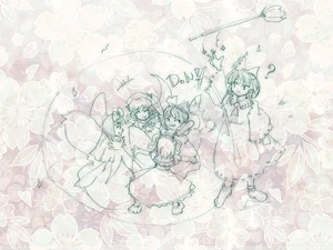 Reimu en uno de los finales de Great Fairy Wars, junto a Cirno, Sunny Milk, Luna Child y Star Sapphire