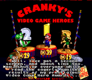 Cranky Kong's video game hero challenge results in the SNES version, with Mario first, Yoshi second and Link third.