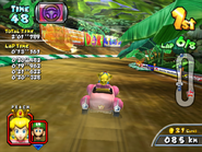 Peach racing in Donkey Kong Jungle (screenshot from Mario Kart Arcade GP2).