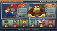 Mario Superstar Baseball's captain selection, featuring Donkey Kong (CPU selected) and Diddy Kong (fourth on bottom row).