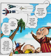 The three manga characters flying around. Note the copyright notes under the panel