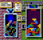 Gameplay of "Mixed Match", with Player 1 at the Dr. Mario stage while Player 2 is playing Tetris.