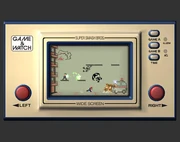 The "Fire" scenario of the stage, with Mr. Game & Watch, Mario, Luigi and Donkey Kong battling.