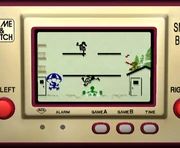 A screenshot from the game, with four Mr. Game & Watch battling.
