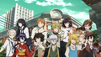 The Armed Detective Agency, the main characters of the series. From left to right: Atsushi Nakajima, Naomi, Tanizaki, Kyoka Izumi, Jun'ichirō Tanizaki, Osamu Dazai, Yukichi Fukuzawa, Doppo Kunikida, Akiko Yosano, Kenji, Miyazawa, Kirako Haruno, Ranpo Edogawa.