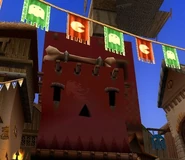 The ghost insignia and Pac-Man and ghost flags in Pirate Island.
