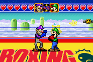 Luigi fighting Waluigi. A Championship Belt indicates he already won 50 fights.