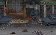 Background art of a ruined street, likely based on early areas from Resident Evil 3: Nemesis