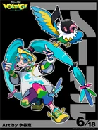 Hatsune Miku as a Normal-type Trainer, featuring Chatot. Designed by Megumi Mizutani.