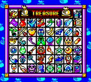 Treasure screen from Wario Land II. Zelda-like items are the Pegasus Boots (row 2, col. 4), a Rupee (row 2, col. 6) and the Ocarina (row 3, col. 6).